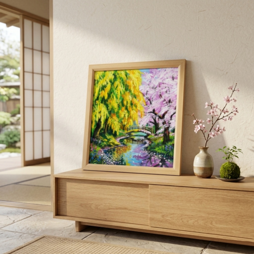 油絵「陽だまりの庭園 〜桜とミモザの咲く日〜」原画 春のインテリア 桜の絵 ミモザ 玄関に飾る絵 風景画