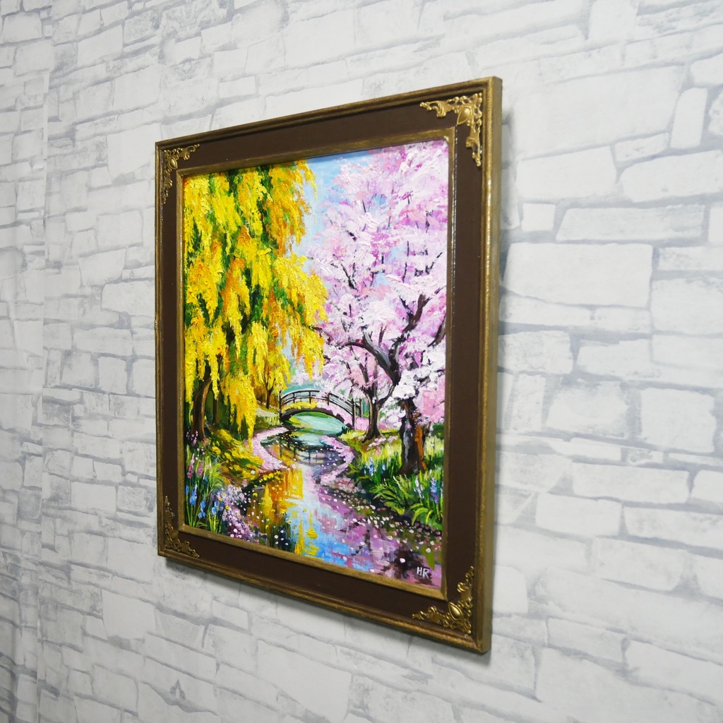 油絵「陽だまりの庭園 〜桜とミモザの咲く日〜」原画 春のインテリア 桜の絵 ミモザ 玄関に飾る絵 風景画