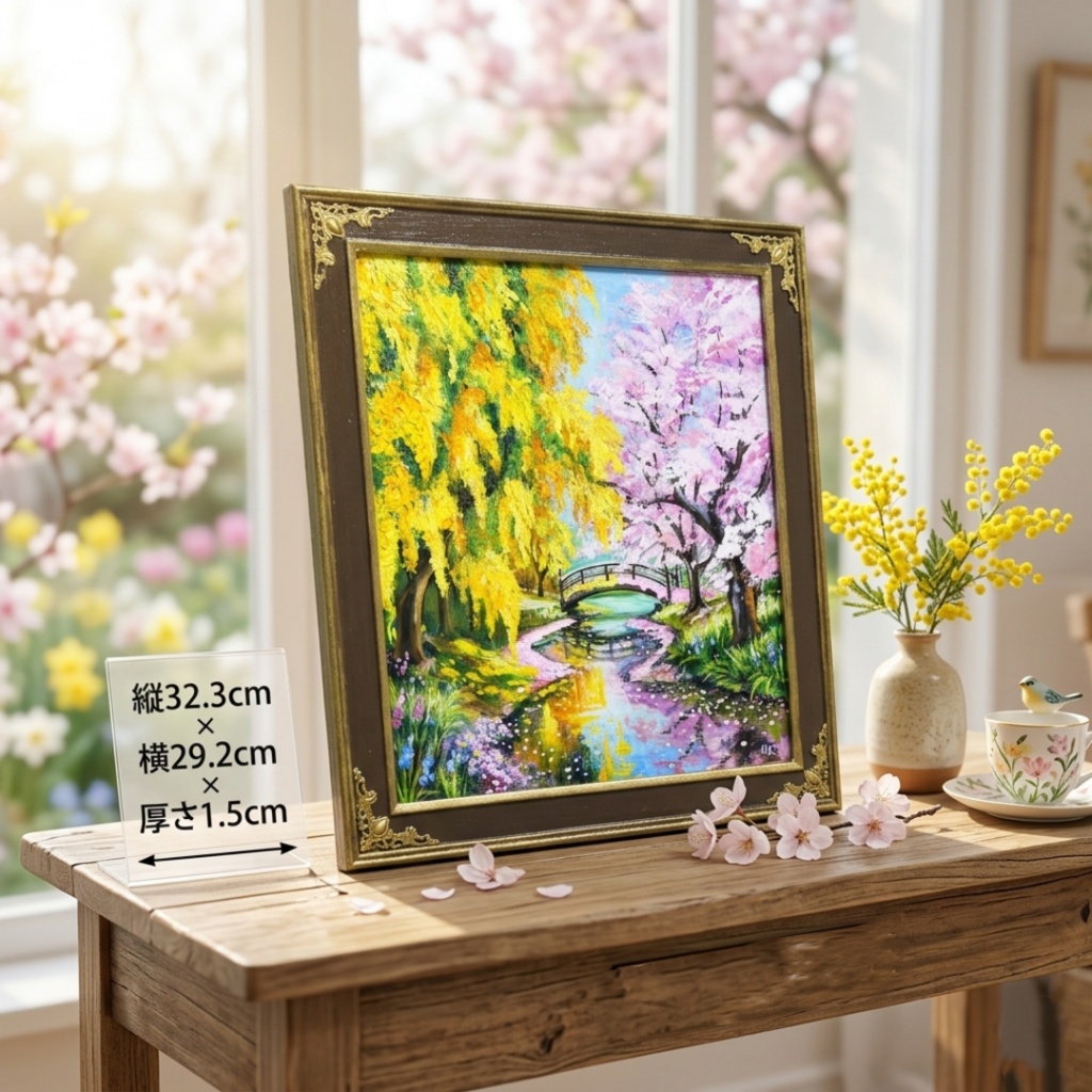 油絵「陽だまりの庭園 〜桜とミモザの咲く日〜」原画 春のインテリア 桜の絵 ミモザ 玄関に飾る絵 風景画