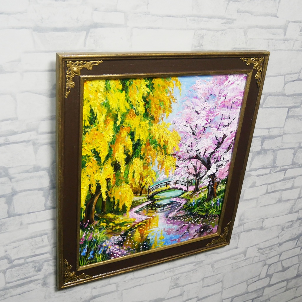 油絵「陽だまりの庭園 〜桜とミモザの咲く日〜」原画 春のインテリア 桜の絵 ミモザ 玄関に飾る絵 風景画