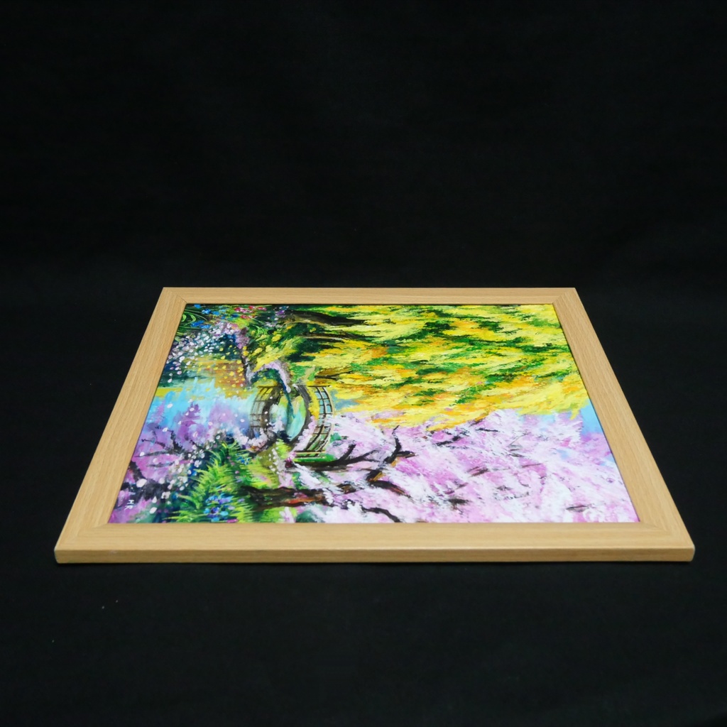 油絵「陽だまりの庭園 〜桜とミモザの咲く日〜」原画 春のインテリア 桜の絵 ミモザ 玄関に飾る絵 風景画