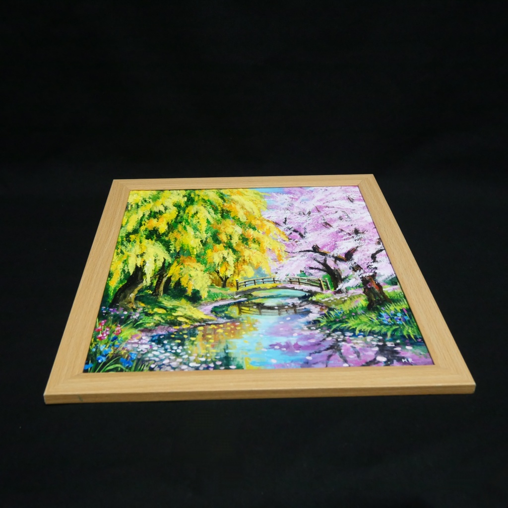 油絵「陽だまりの庭園 〜桜とミモザの咲く日〜」原画 春のインテリア 桜の絵 ミモザ 玄関に飾る絵 風景画