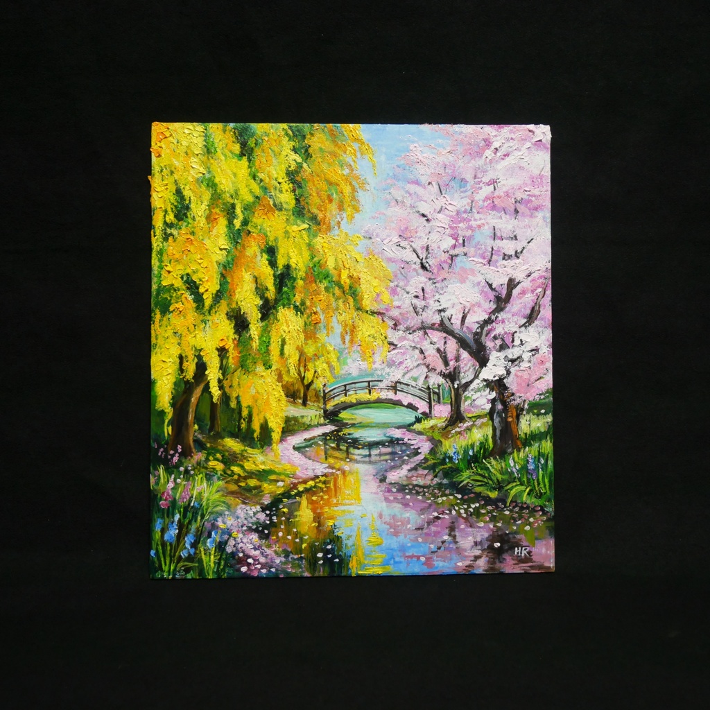 油絵「陽だまりの庭園 〜桜とミモザの咲く日〜」原画 春のインテリア 桜の絵 ミモザ 玄関に飾る絵 風景画