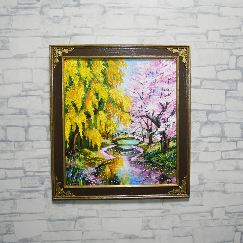 油絵「陽だまりの庭園 〜桜とミモザの咲く日〜」原画 春のインテリア 桜の絵 ミモザ 玄関に飾る絵 風景画