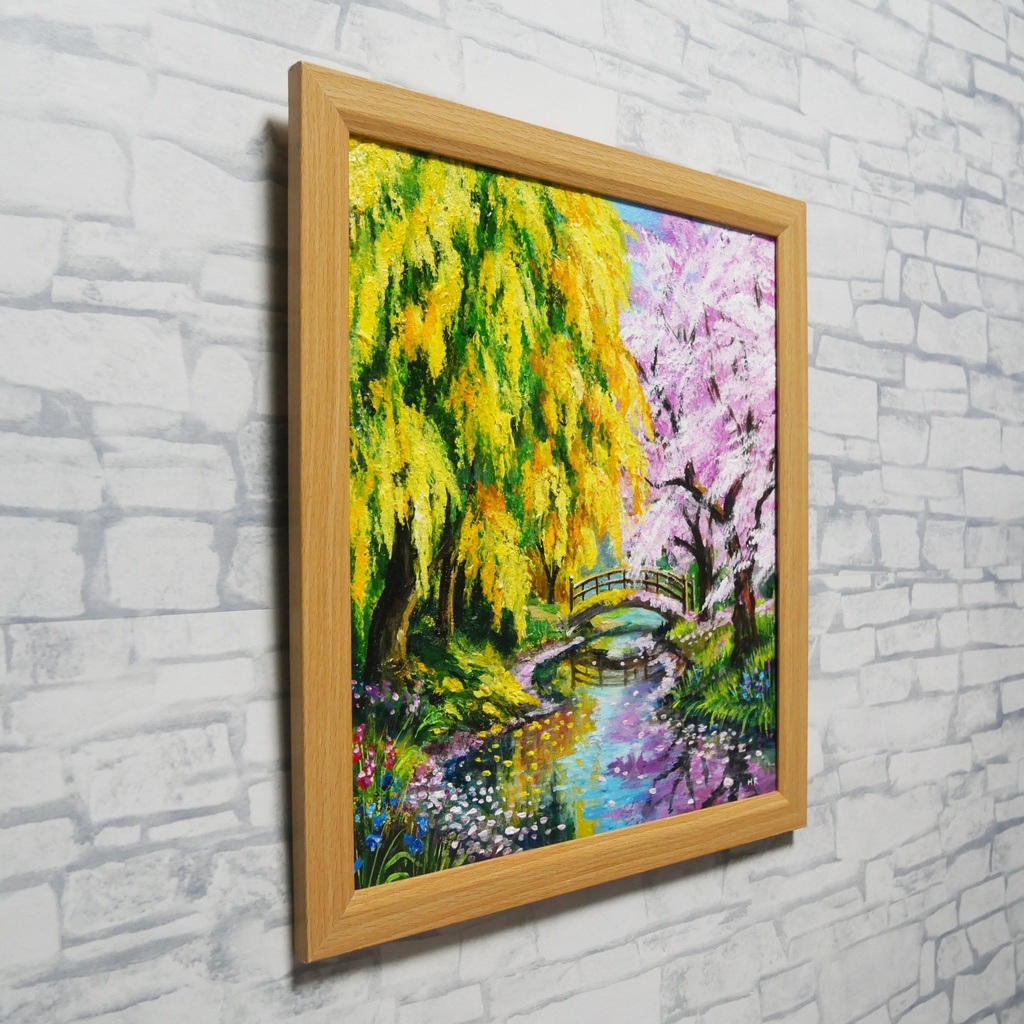 油絵「陽だまりの庭園 〜桜とミモザの咲く日〜」原画 春のインテリア 桜の絵 ミモザ 玄関に飾る絵 風景画