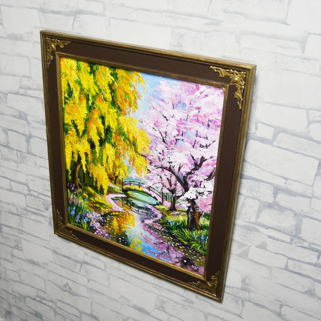 油絵「陽だまりの庭園 〜桜とミモザの咲く日〜」原画 春のインテリア 桜の絵 ミモザ 玄関に飾る絵 風景画