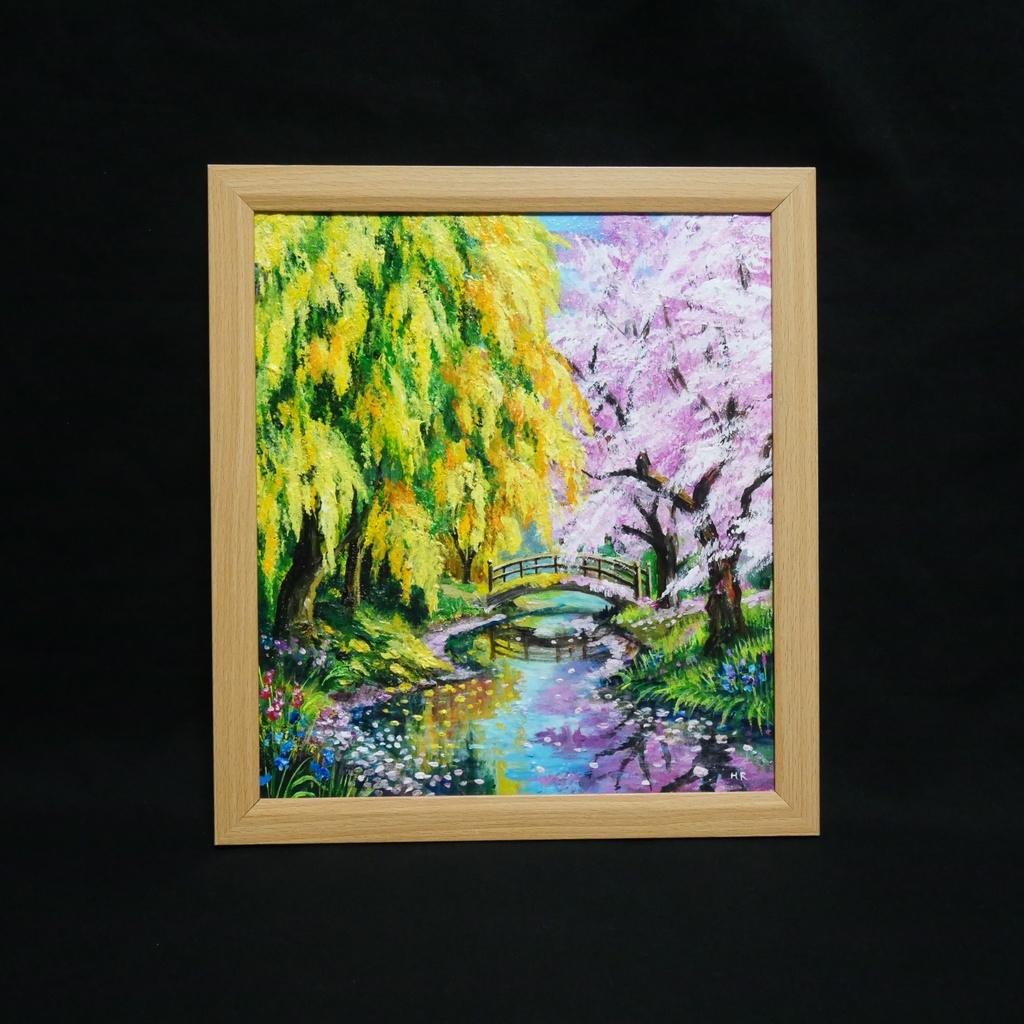 油絵「陽だまりの庭園 〜桜とミモザの咲く日〜」原画 春のインテリア 桜の絵 ミモザ 玄関に飾る絵 風景画