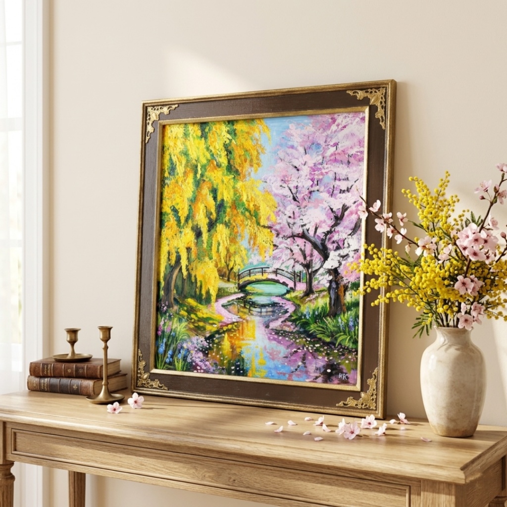 油絵「陽だまりの庭園 〜桜とミモザの咲く日〜」原画 春のインテリア 桜の絵 ミモザ 玄関に飾る絵 風景画