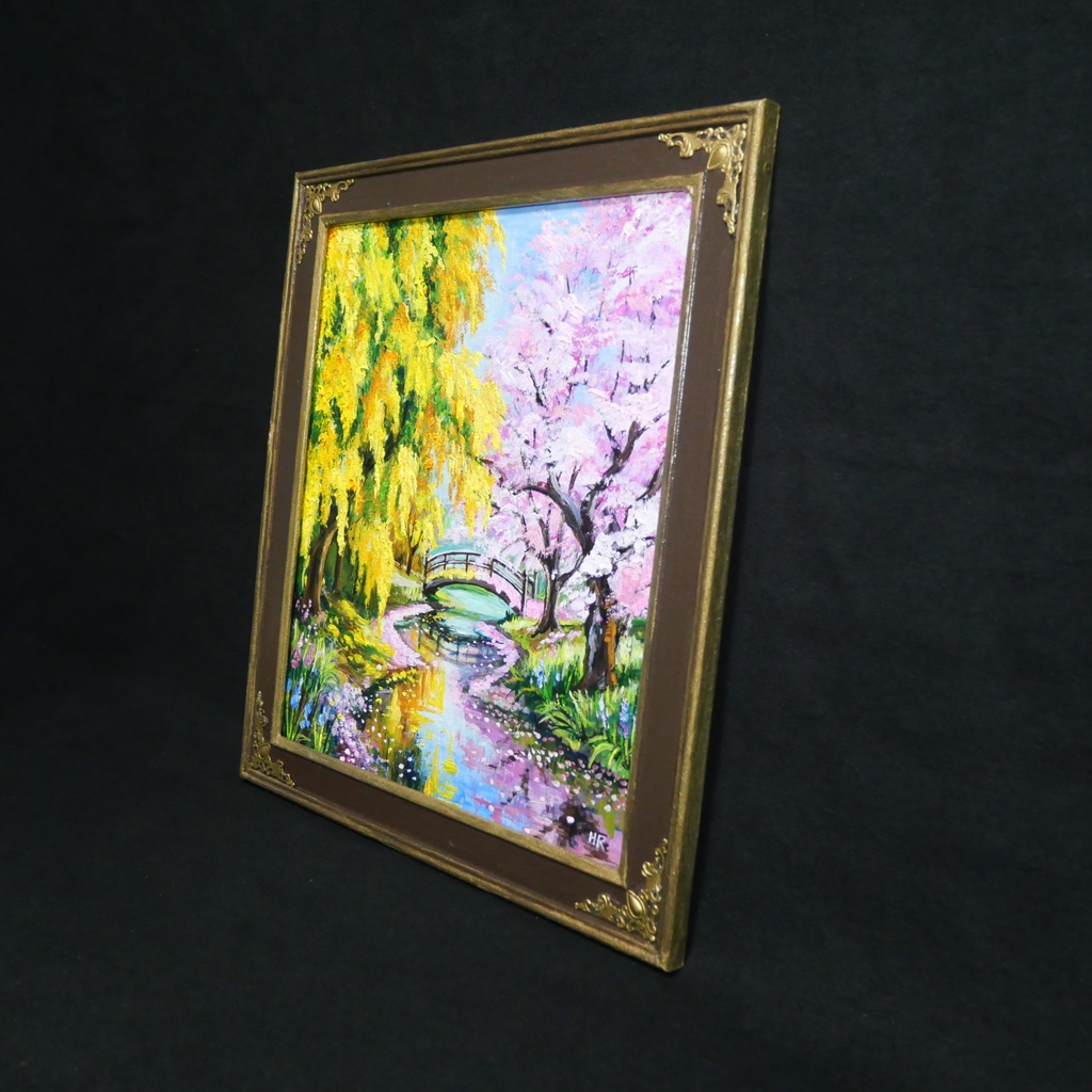 油絵「陽だまりの庭園 〜桜とミモザの咲く日〜」原画 春のインテリア 桜の絵 ミモザ 玄関に飾る絵 風景画