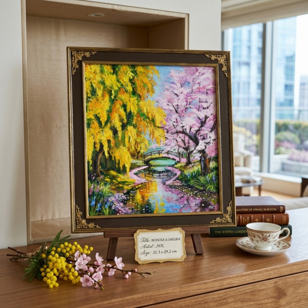 油絵「陽だまりの庭園 〜桜とミモザの咲く日〜」原画 春のインテリア 桜の絵 ミモザ 玄関に飾る絵 風景画