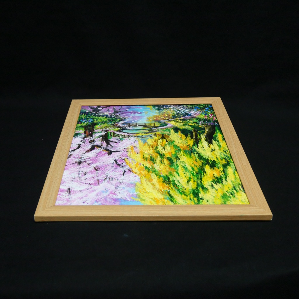 油絵「陽だまりの庭園 〜桜とミモザの咲く日〜」原画 春のインテリア 桜の絵 ミモザ 玄関に飾る絵 風景画