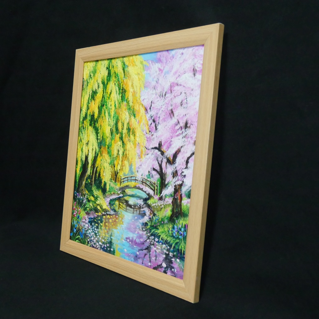 油絵「陽だまりの庭園 〜桜とミモザの咲く日〜」原画 春のインテリア 桜の絵 ミモザ 玄関に飾る絵 風景画