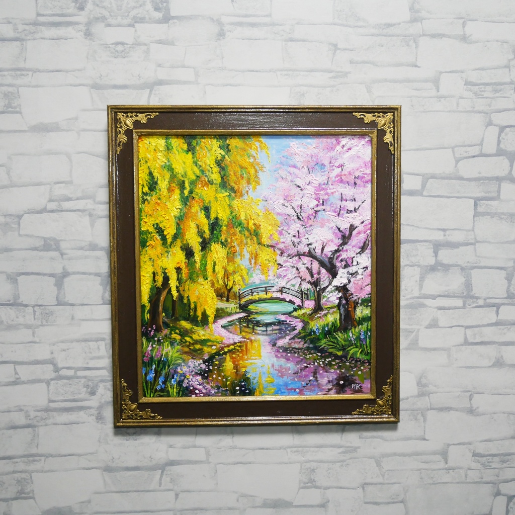 油絵「陽だまりの庭園 〜桜とミモザの咲く日〜」原画 春のインテリア 桜の絵 ミモザ 玄関に飾る絵 風景画