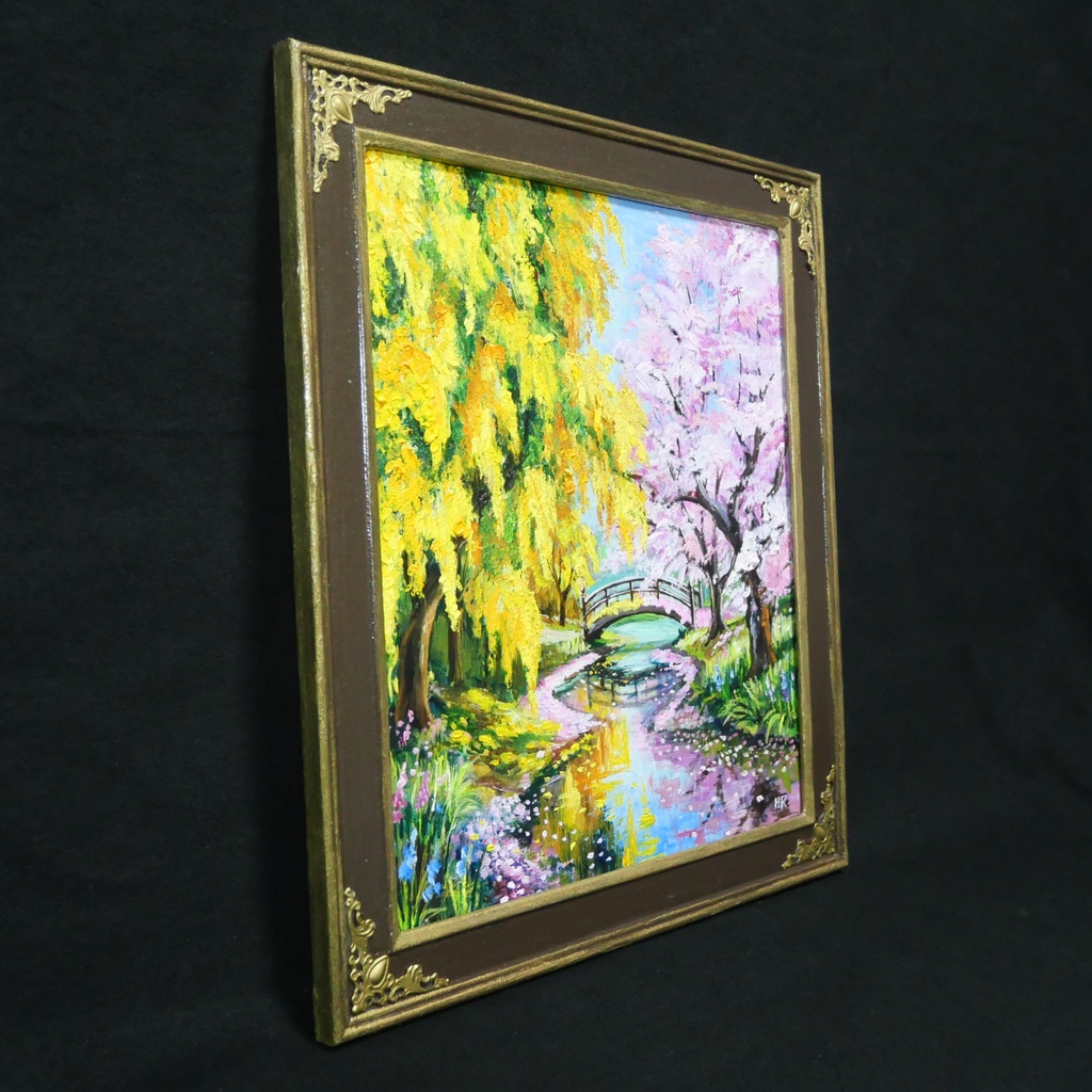 油絵「陽だまりの庭園 〜桜とミモザの咲く日〜」原画 春のインテリア 桜の絵 ミモザ 玄関に飾る絵 風景画
