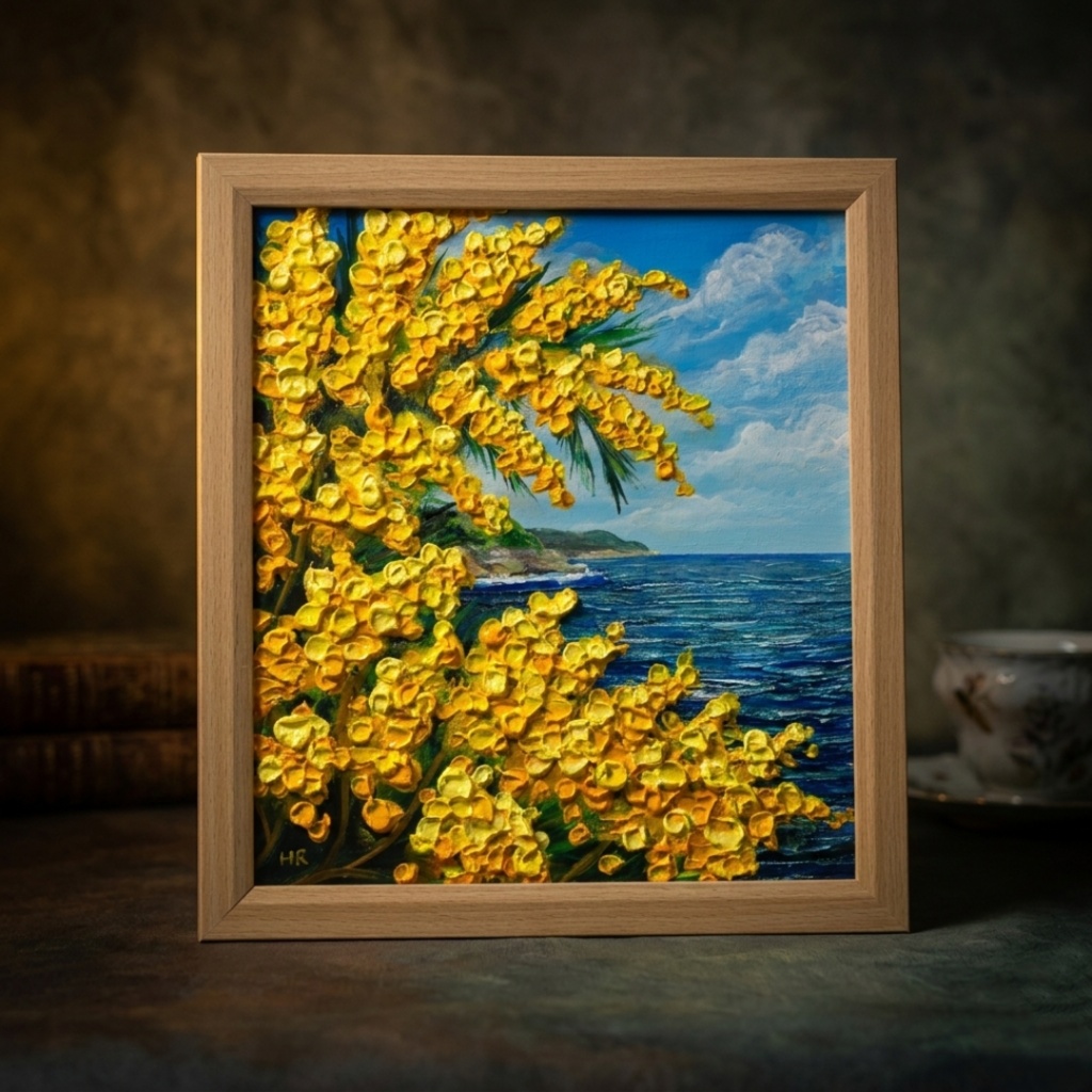 【一点物】【心癒される春の景色 ~ミモザと青い海~】春の景色|油絵・原画・インテリア・ギフト・ラッピング