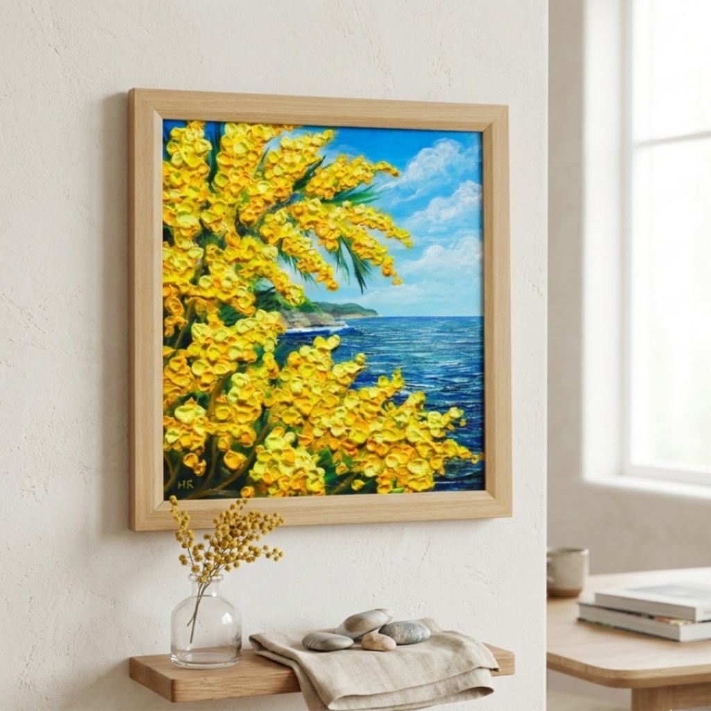 【一点物】【心癒される春の景色 ~ミモザと青い海~】春の景色|油絵・原画・インテリア・ギフト・ラッピング