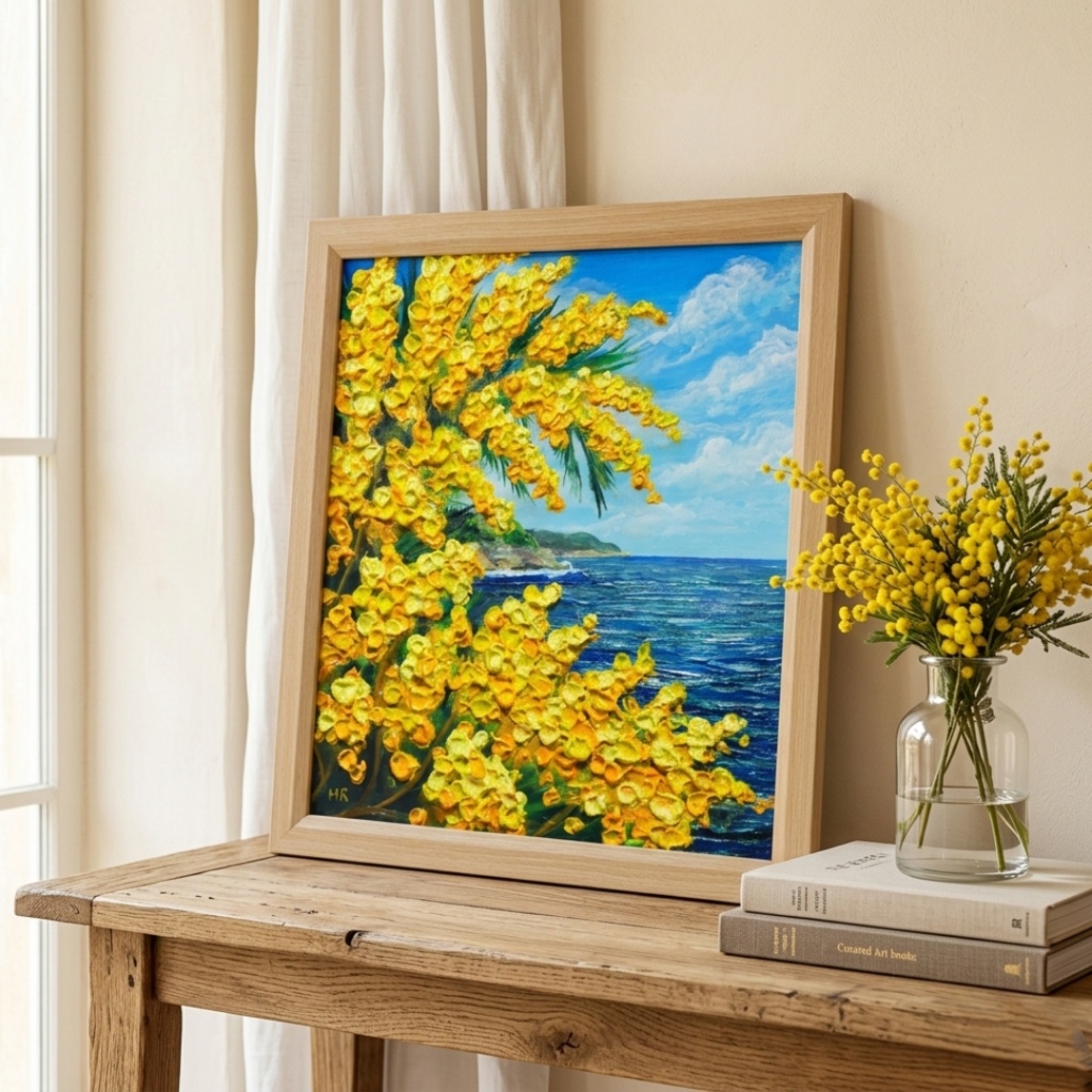 【一点物】【心癒される春の景色 ~ミモザと青い海~】春の景色|油絵・原画・インテリア・ギフト・ラッピング