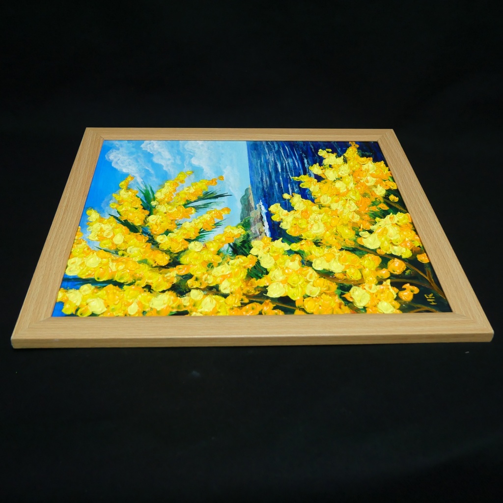 【一点物】【心癒される春の景色 ~ミモザと青い海~】春の景色|油絵・原画・インテリア・ギフト・ラッピング