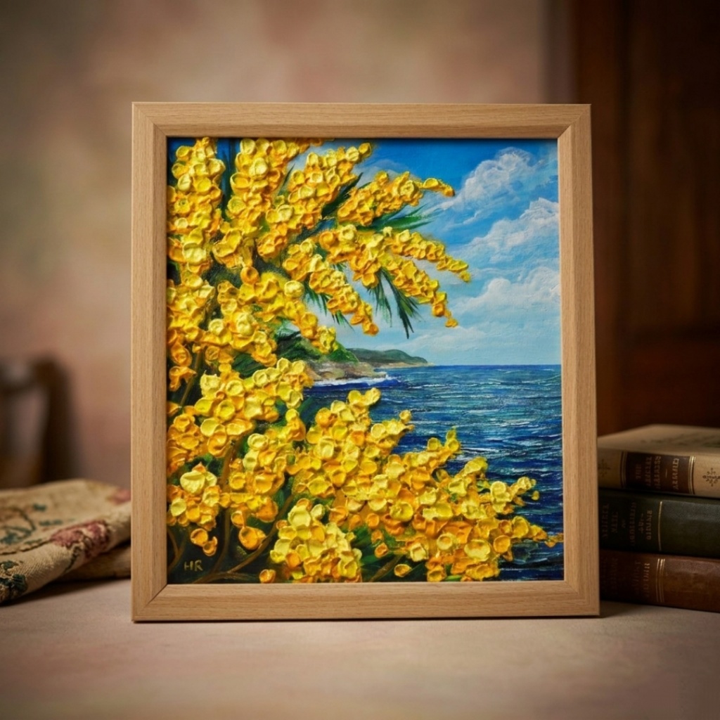 【一点物】【心癒される春の景色 ~ミモザと青い海~】春の景色|油絵・原画・インテリア・ギフト・ラッピング