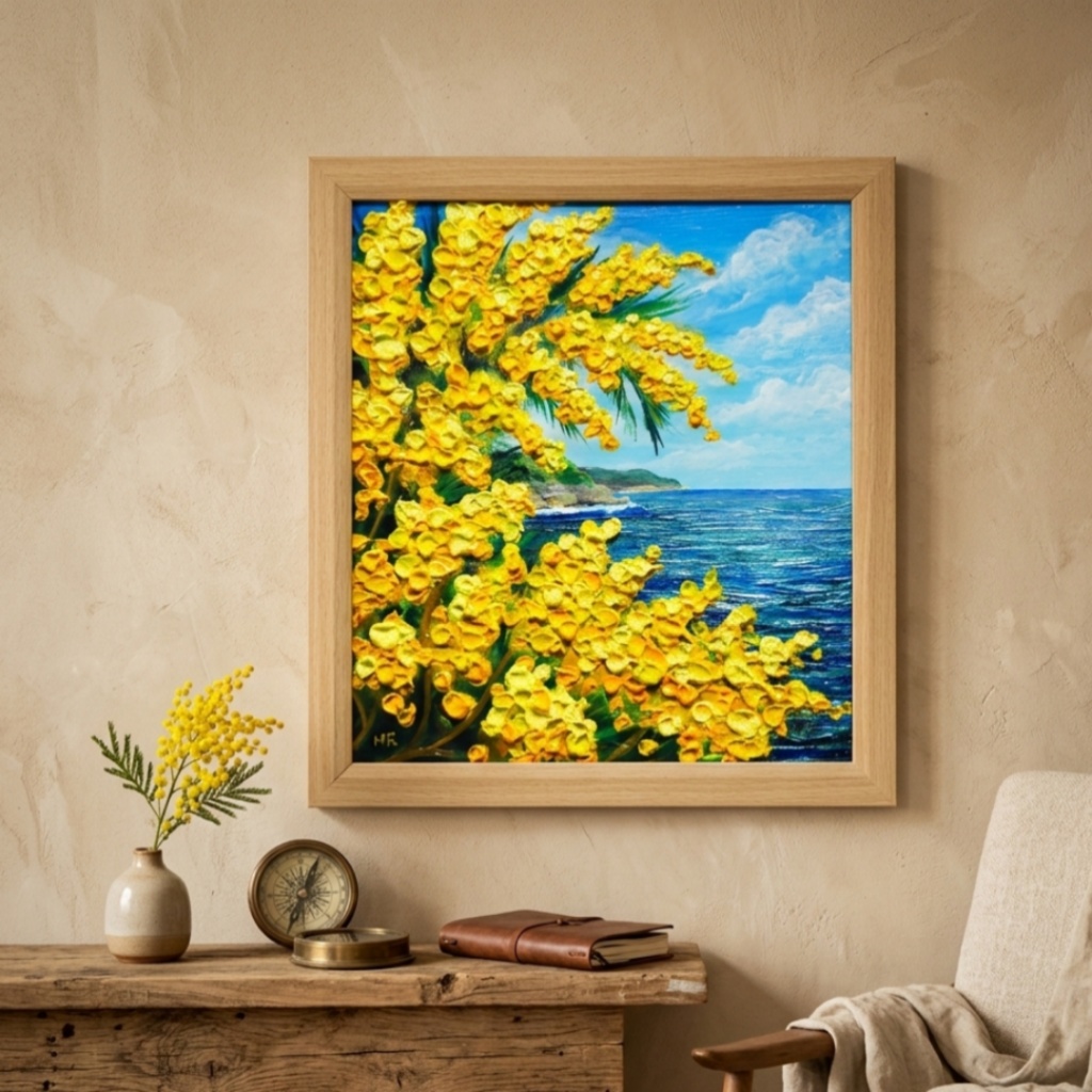 【一点物】【心癒される春の景色 ~ミモザと青い海~】春の景色|油絵・原画・インテリア・ギフト・ラッピング