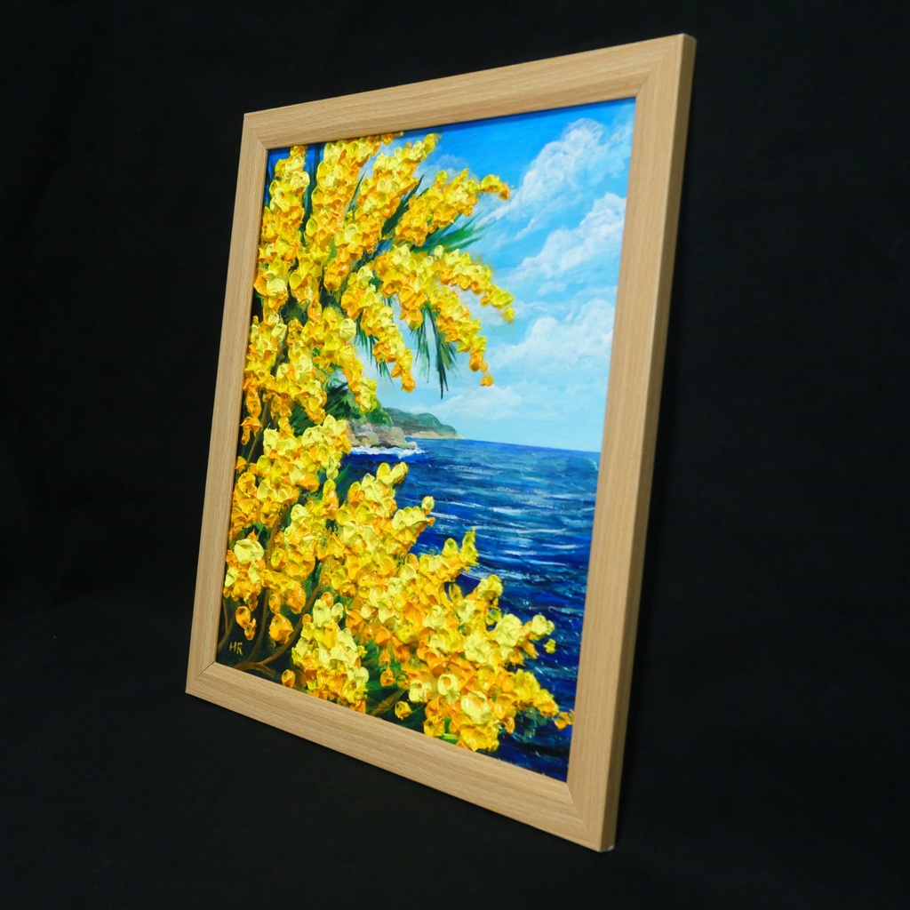 【一点物】【心癒される春の景色 ~ミモザと青い海~】春の景色|油絵・原画・インテリア・ギフト・ラッピング