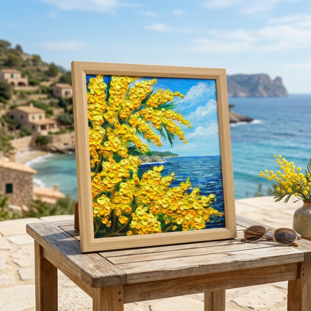 【一点物】【心癒される春の景色 ~ミモザと青い海~】春の景色|油絵・原画・インテリア・ギフト・ラッピング