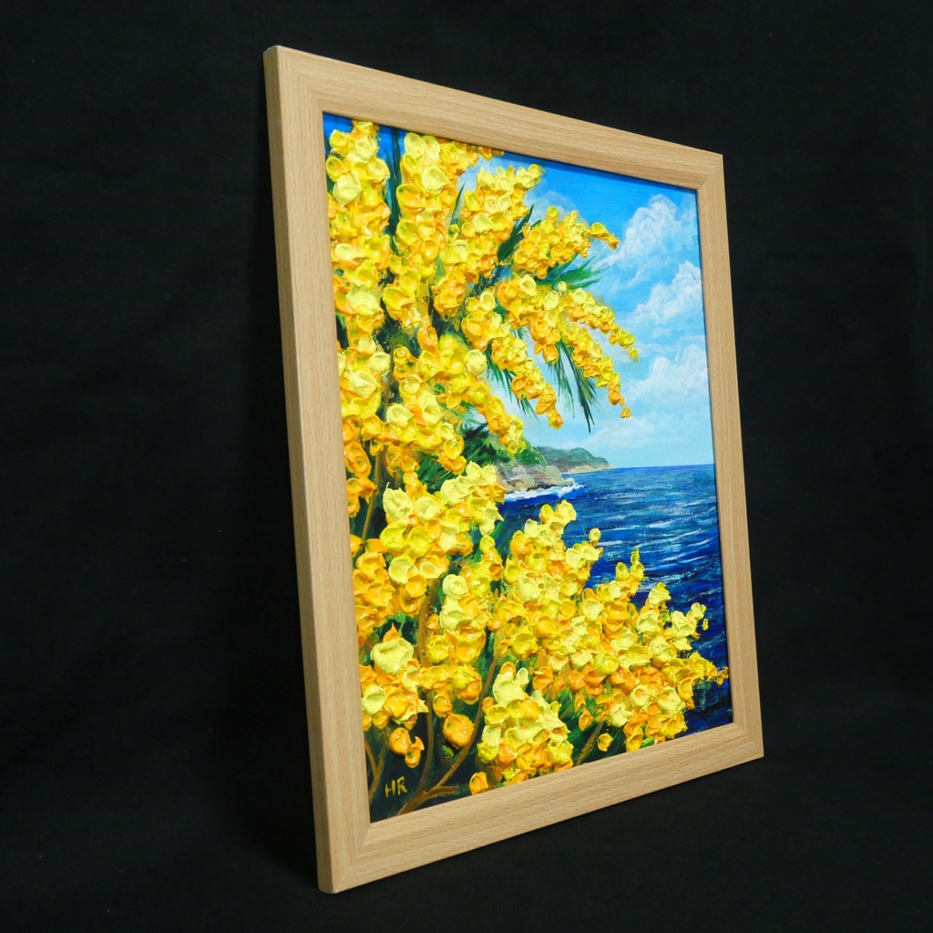 【一点物】【心癒される春の景色 ~ミモザと青い海~】春の景色|油絵・原画・インテリア・ギフト・ラッピング