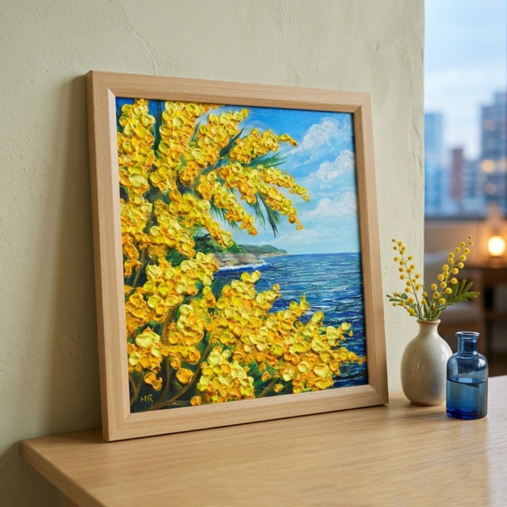 【一点物】【心癒される春の景色 ~ミモザと青い海~】春の景色|油絵・原画・インテリア・ギフト・ラッピング