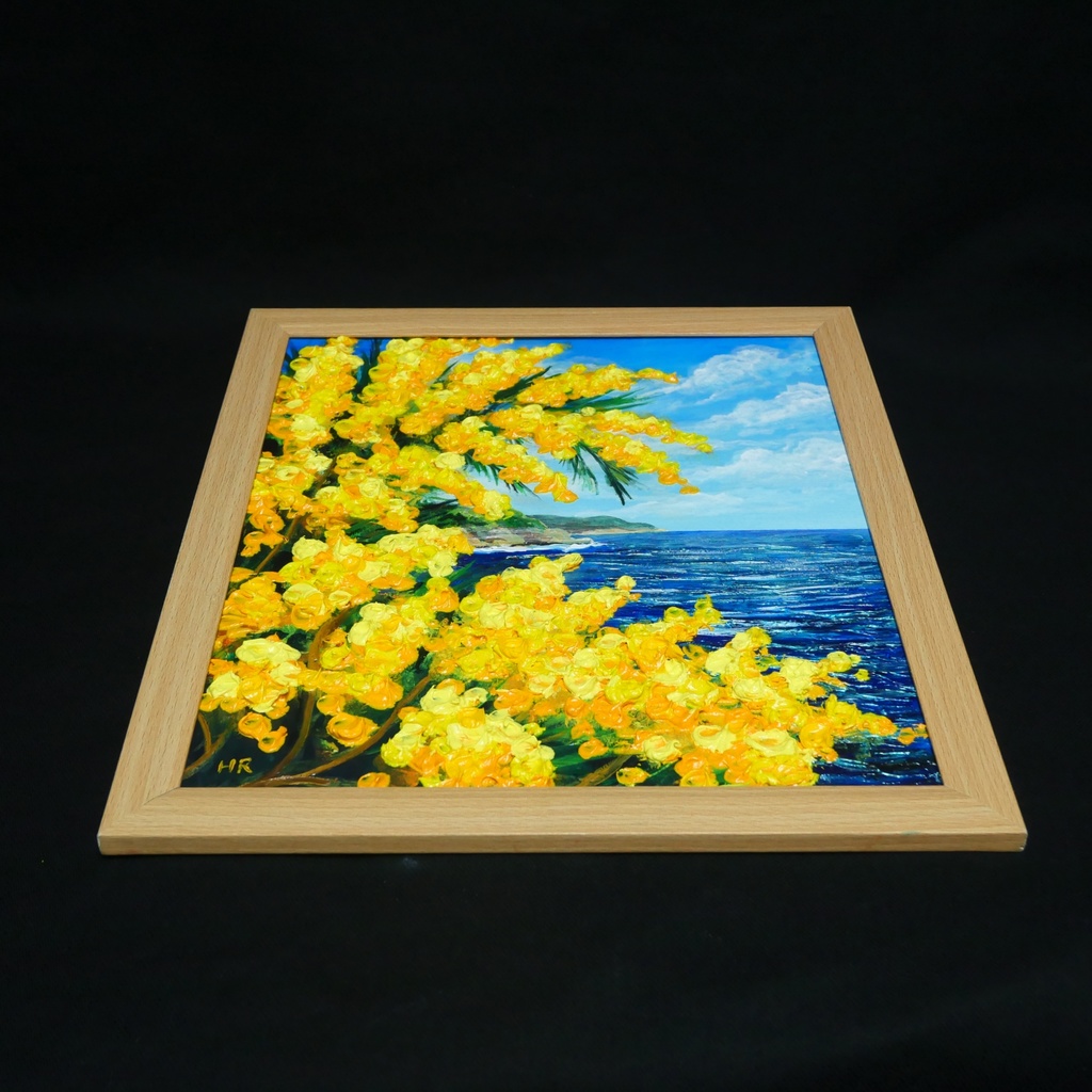 【一点物】【心癒される春の景色 ~ミモザと青い海~】春の景色|油絵・原画・インテリア・ギフト・ラッピング