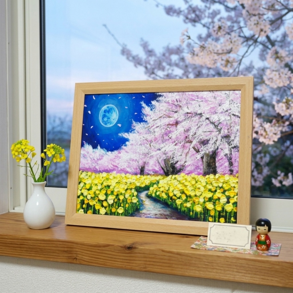 【心癒される春の夜:静寂を照らす月の光】|油彩画 原画 絵画・インテリア・ギフト・ラッピング