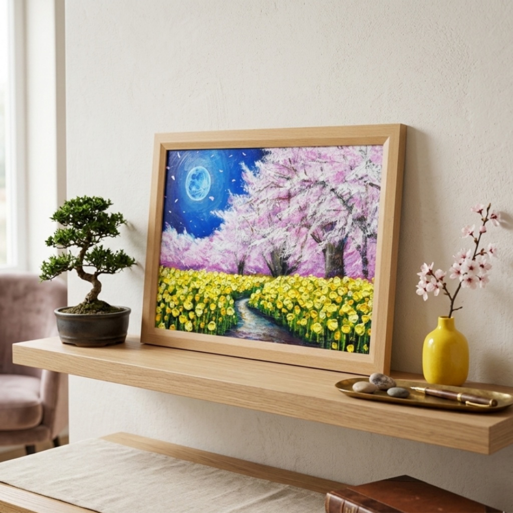 【心癒される春の夜:静寂を照らす月の光】|油彩画 原画 絵画・インテリア・ギフト・ラッピング