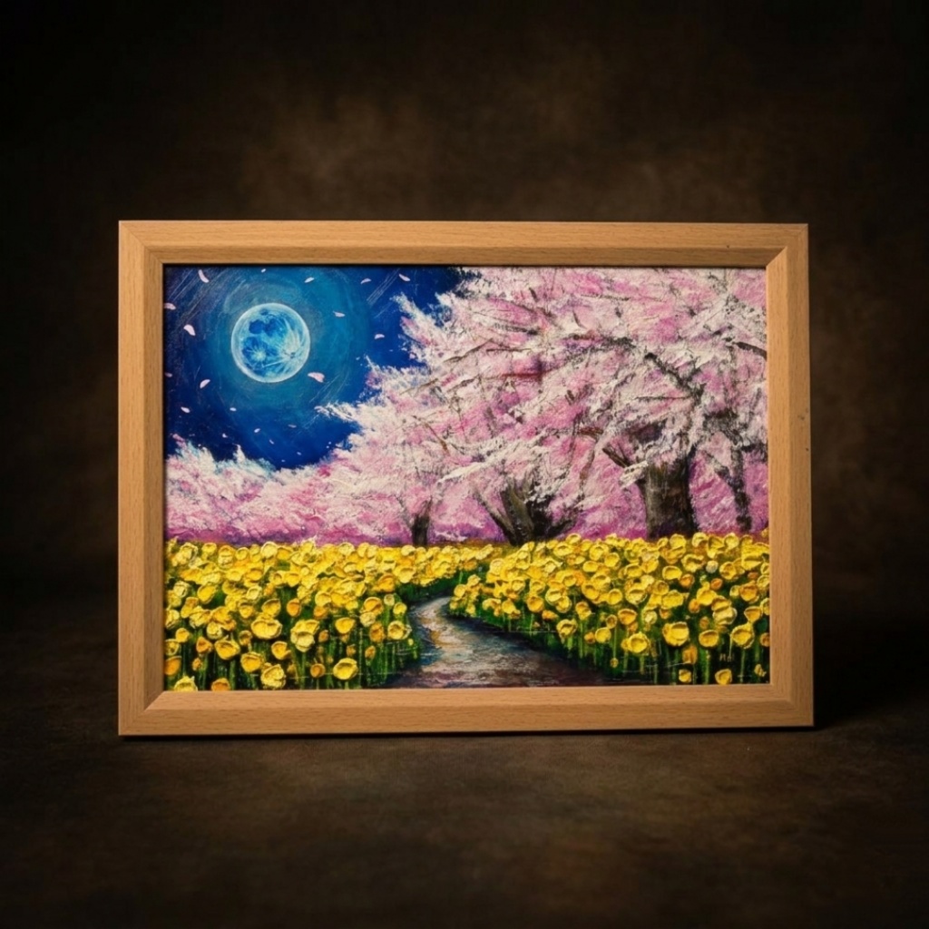 【心癒される春の夜:静寂を照らす月の光】|油彩画 原画 絵画・インテリア・ギフト・ラッピング