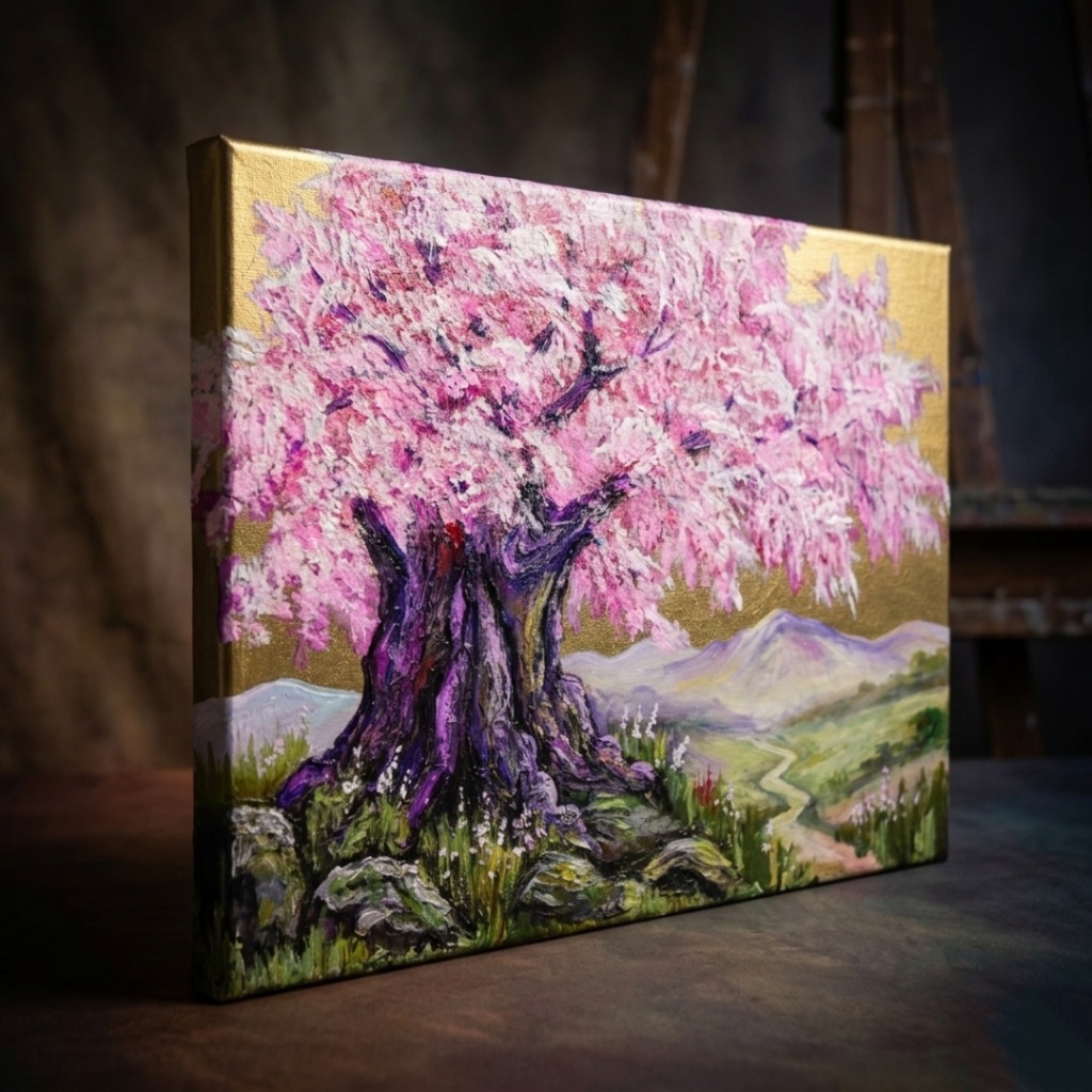 油絵 原画【千年の桜】春の風景画・桜の絵|インテリア・絵画