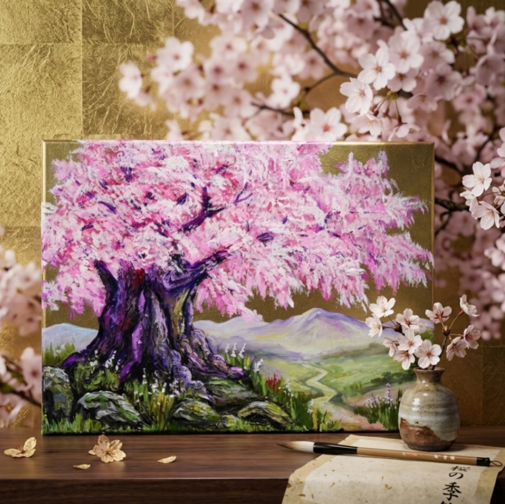 油絵 原画【千年の桜】春の風景画・桜の絵|インテリア・絵画