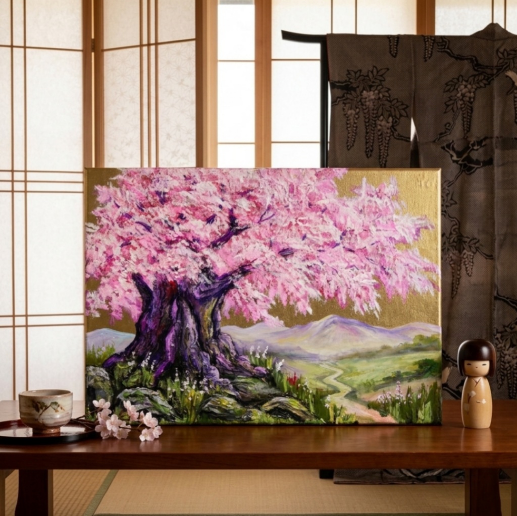 油絵 原画【千年の桜】春の風景画・桜の絵|インテリア・絵画