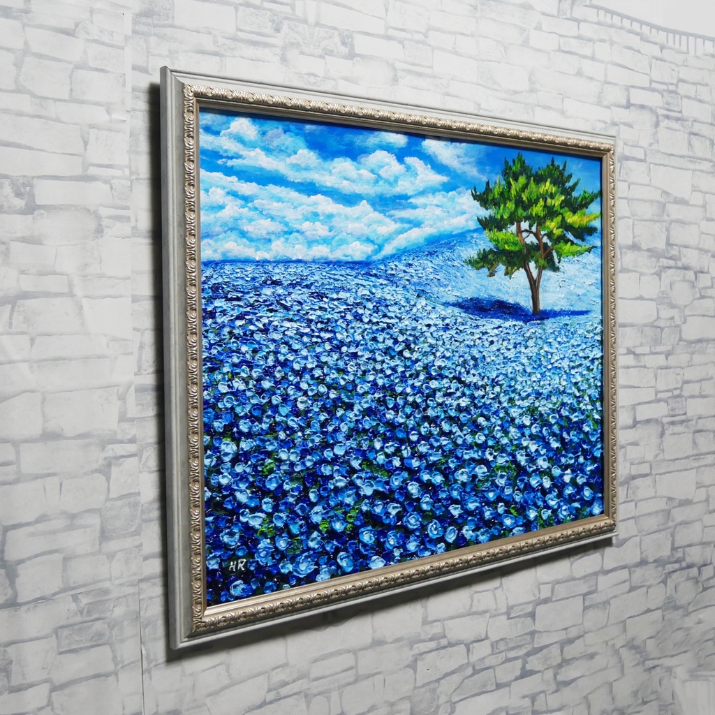 油絵 絵画 原画【幸せを呼ぶネモフィラブルー】ネモフィラ 花 青 インテリア 風水 癒し 壁掛け ギフト