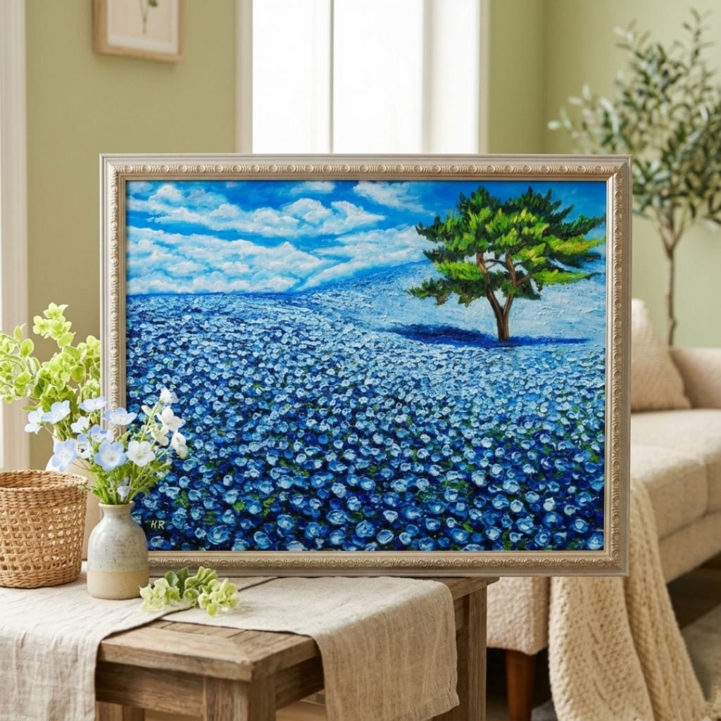 油絵 絵画 原画【幸せを呼ぶネモフィラブルー】ネモフィラ 花 青 インテリア 風水 癒し 壁掛け ギフト