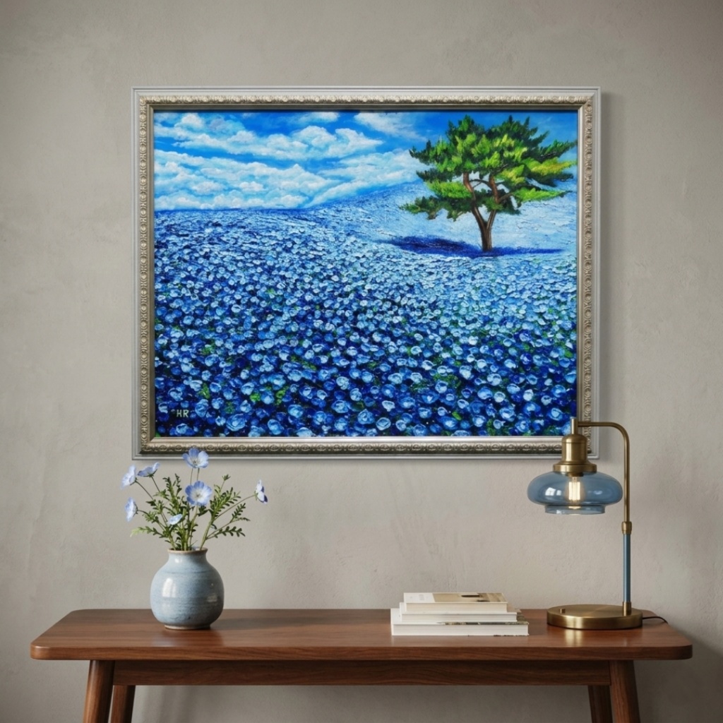 油絵 絵画 原画【幸せを呼ぶネモフィラブルー】ネモフィラ 花 青 インテリア 風水 癒し 壁掛け ギフト