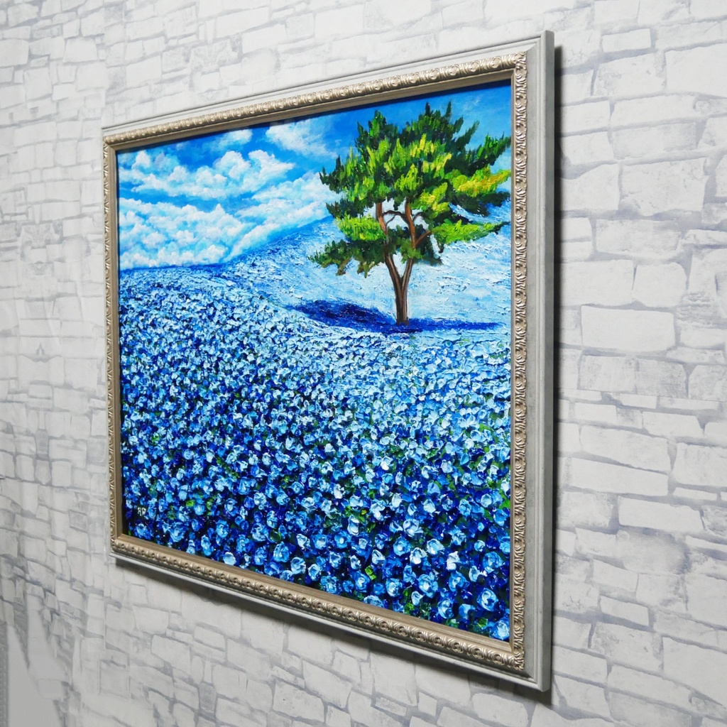 油絵 絵画 原画【幸せを呼ぶネモフィラブルー】ネモフィラ 花 青 インテリア 風水 癒し 壁掛け ギフト