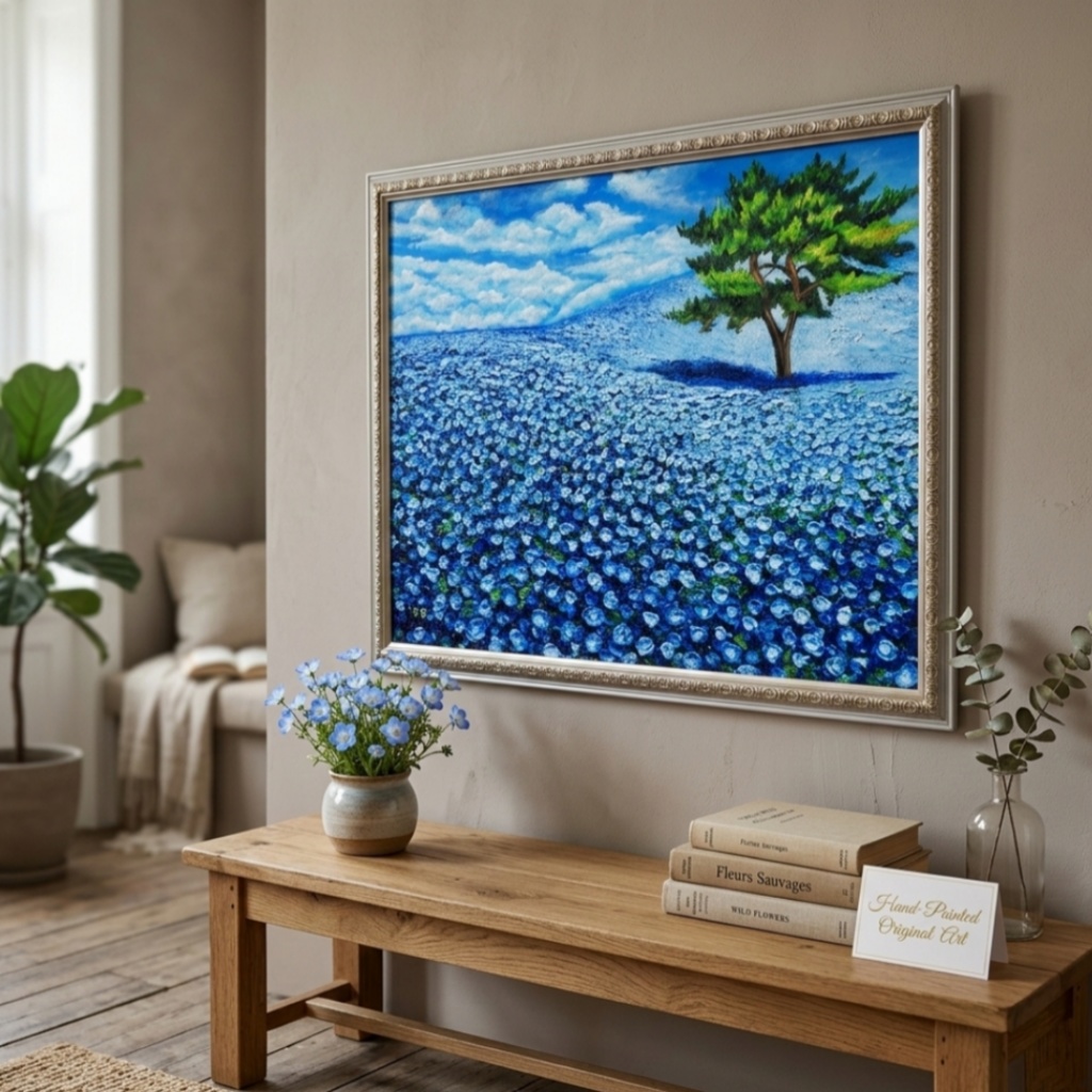 油絵 絵画 原画【幸せを呼ぶネモフィラブルー】ネモフィラ 花 青 インテリア 風水 癒し 壁掛け ギフト