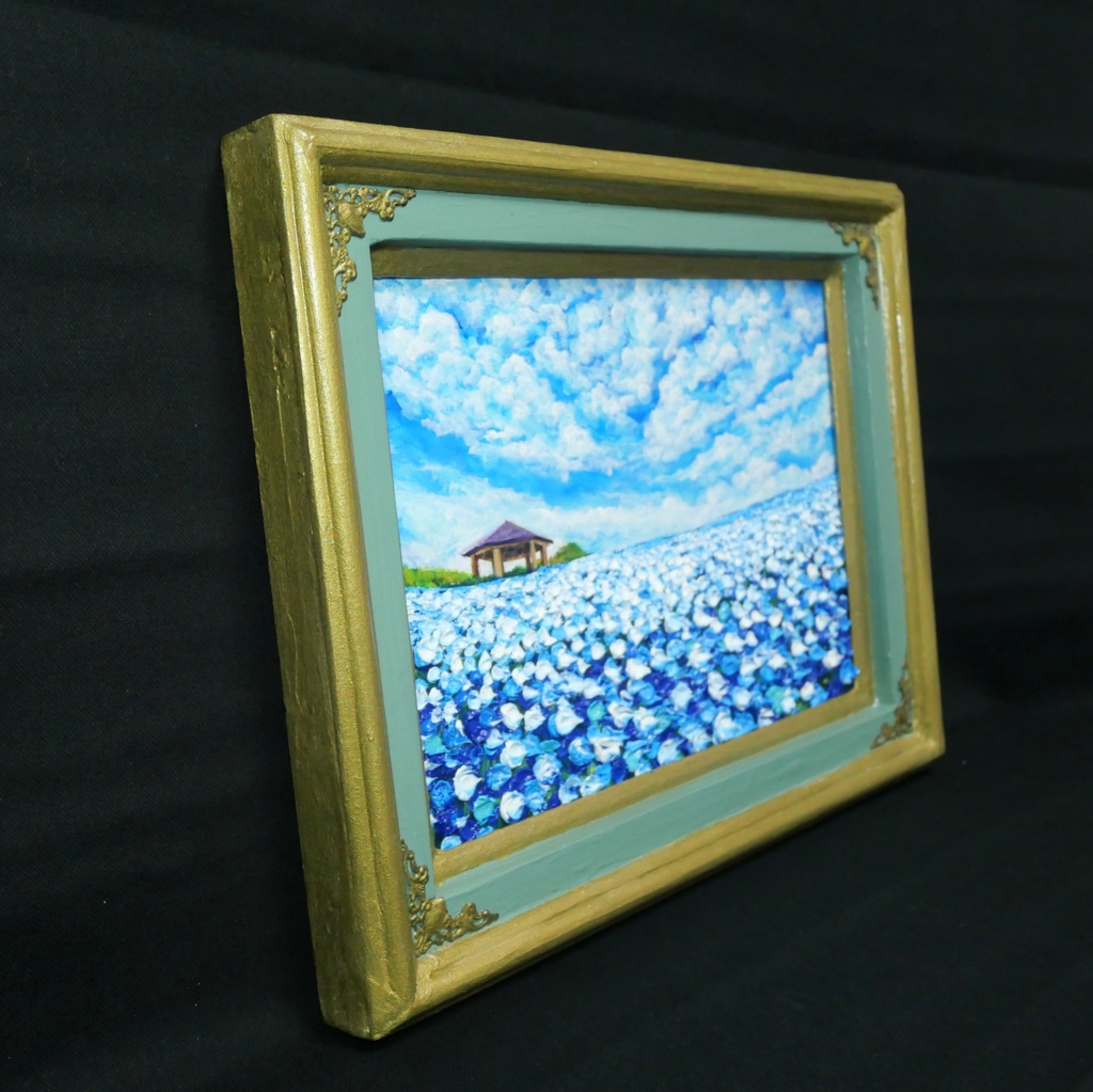 【油絵 原画】ネモフィラの花畑 海の中道「100万本の青」絵画 インテリア