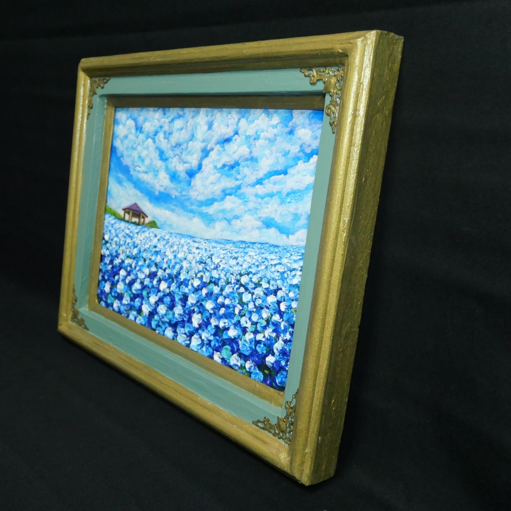 【油絵 原画】ネモフィラの花畑 海の中道「100万本の青」絵画 インテリア