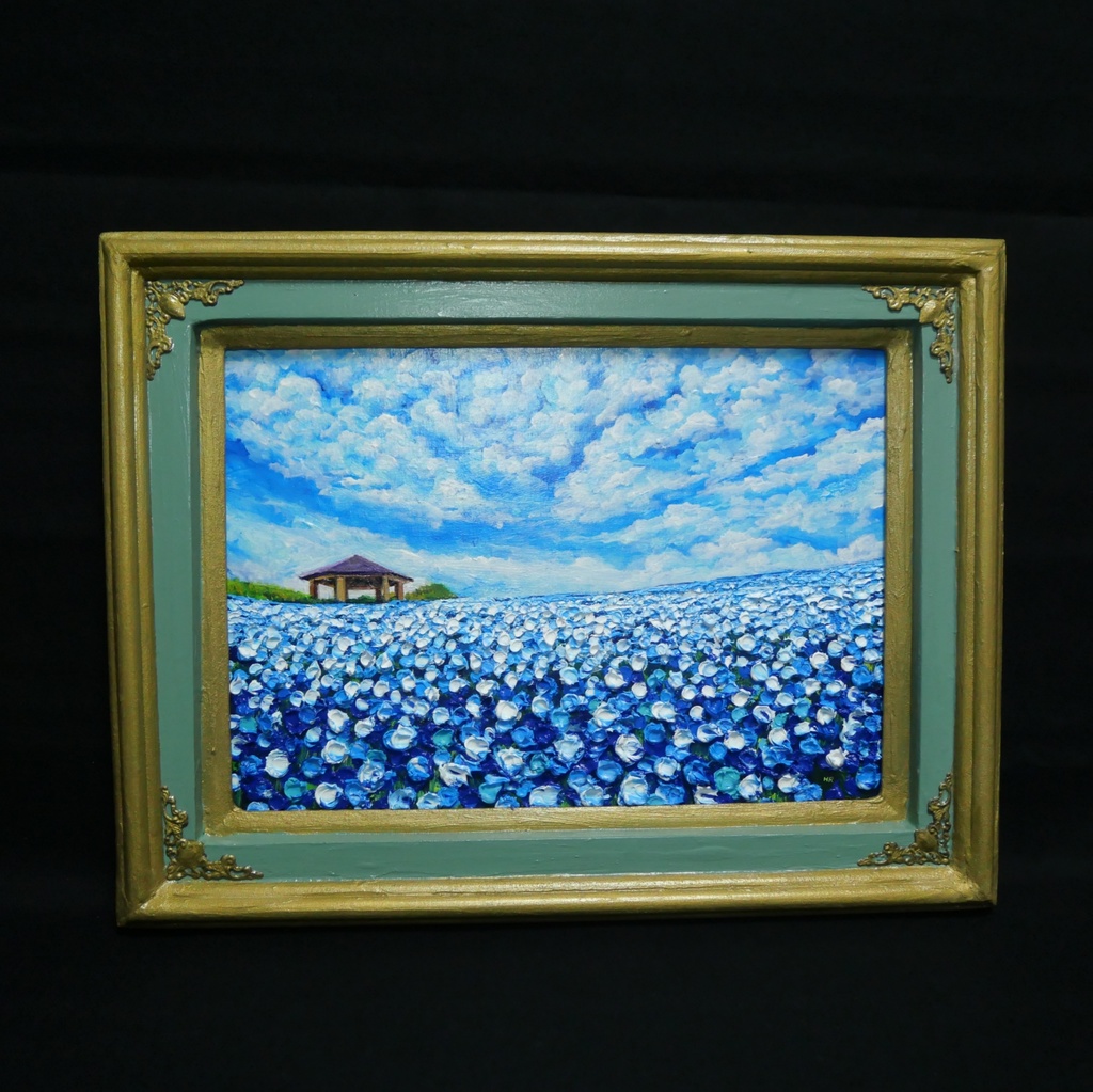 【油絵 原画】ネモフィラの花畑 海の中道「100万本の青」絵画 インテリア