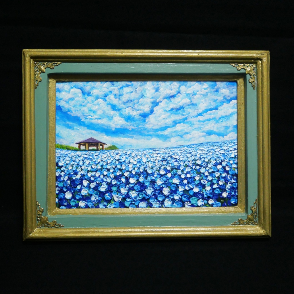 【油絵 原画】ネモフィラの花畑 海の中道「100万本の青」絵画 インテリア