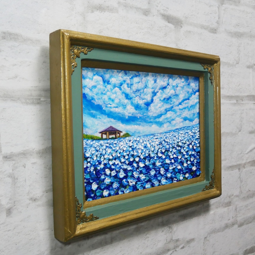 【油絵 原画】ネモフィラの花畑 海の中道「100万本の青」絵画 インテリア