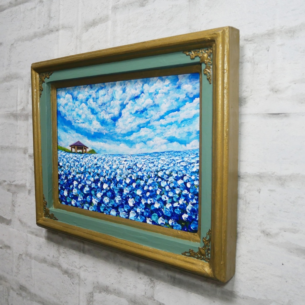 【油絵 原画】ネモフィラの花畑 海の中道「100万本の青」絵画 インテリア