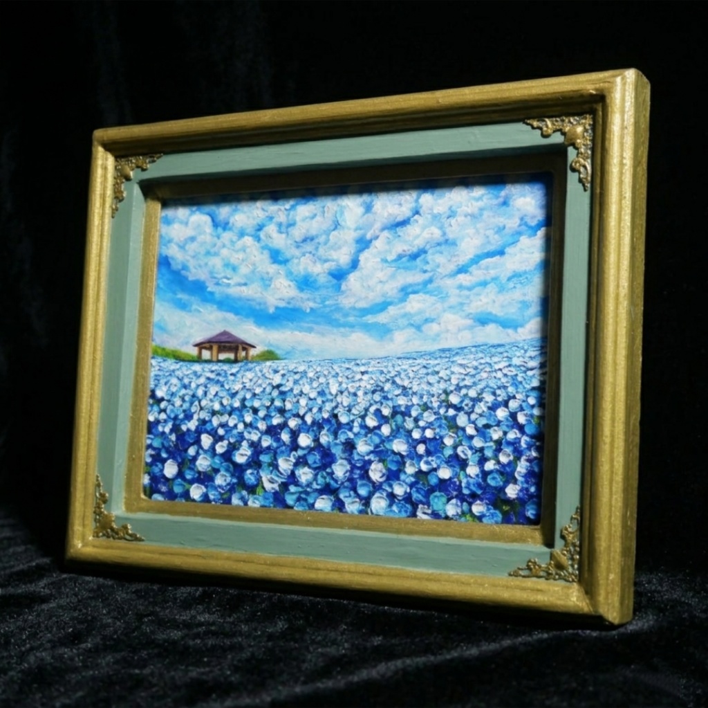 【油絵 原画】ネモフィラの花畑 海の中道「100万本の青」絵画 インテリア