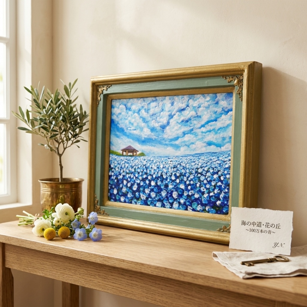 【油絵 原画】ネモフィラの花畑 海の中道「100万本の青」絵画 インテリア