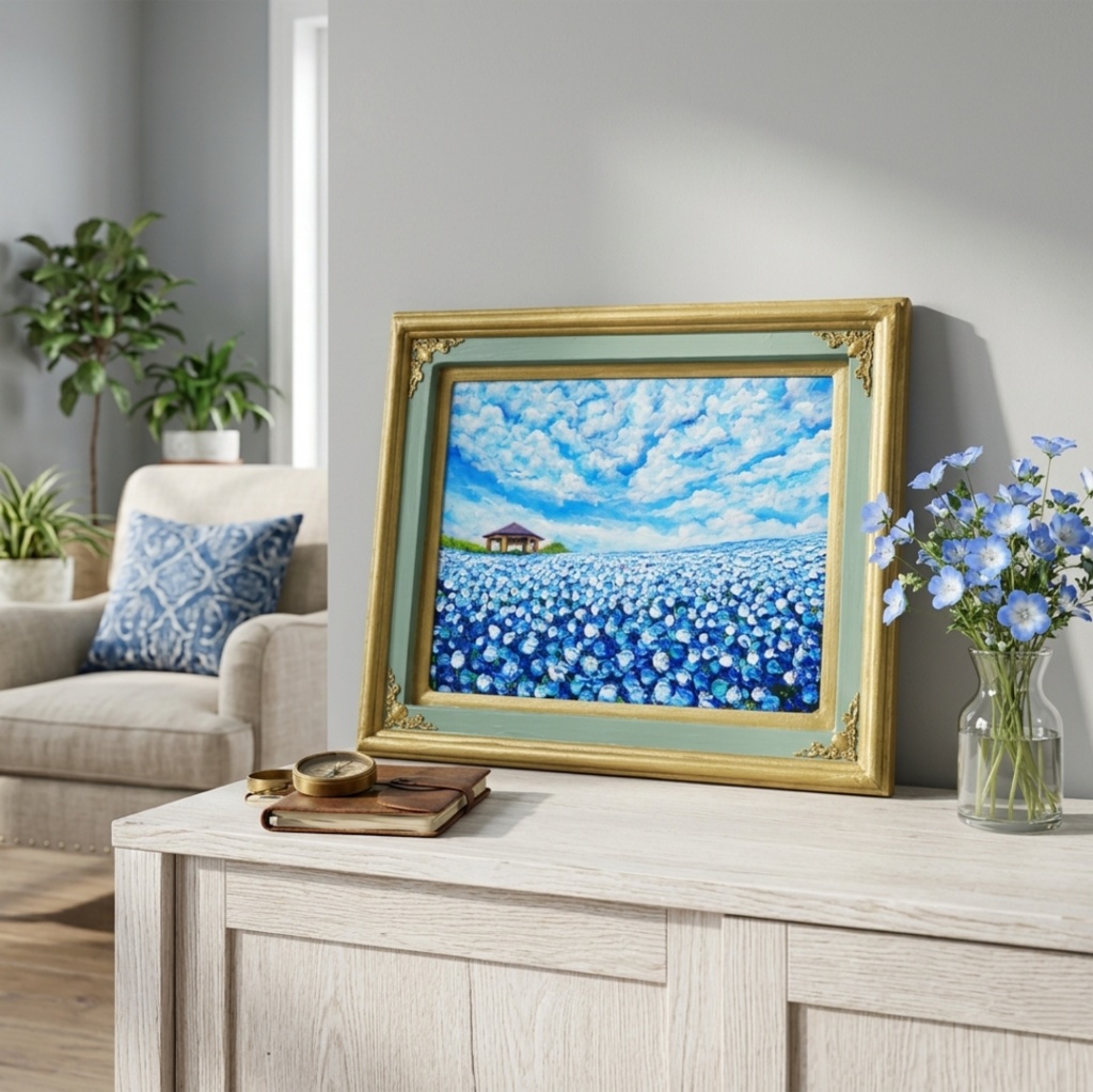 【油絵 原画】ネモフィラの花畑 海の中道「100万本の青」絵画 インテリア