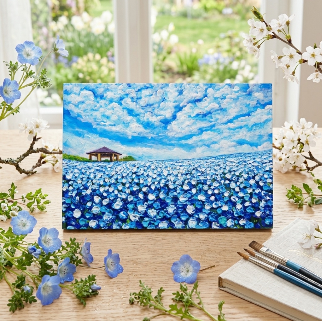 【油絵 原画】ネモフィラの花畑 海の中道「100万本の青」絵画 インテリア